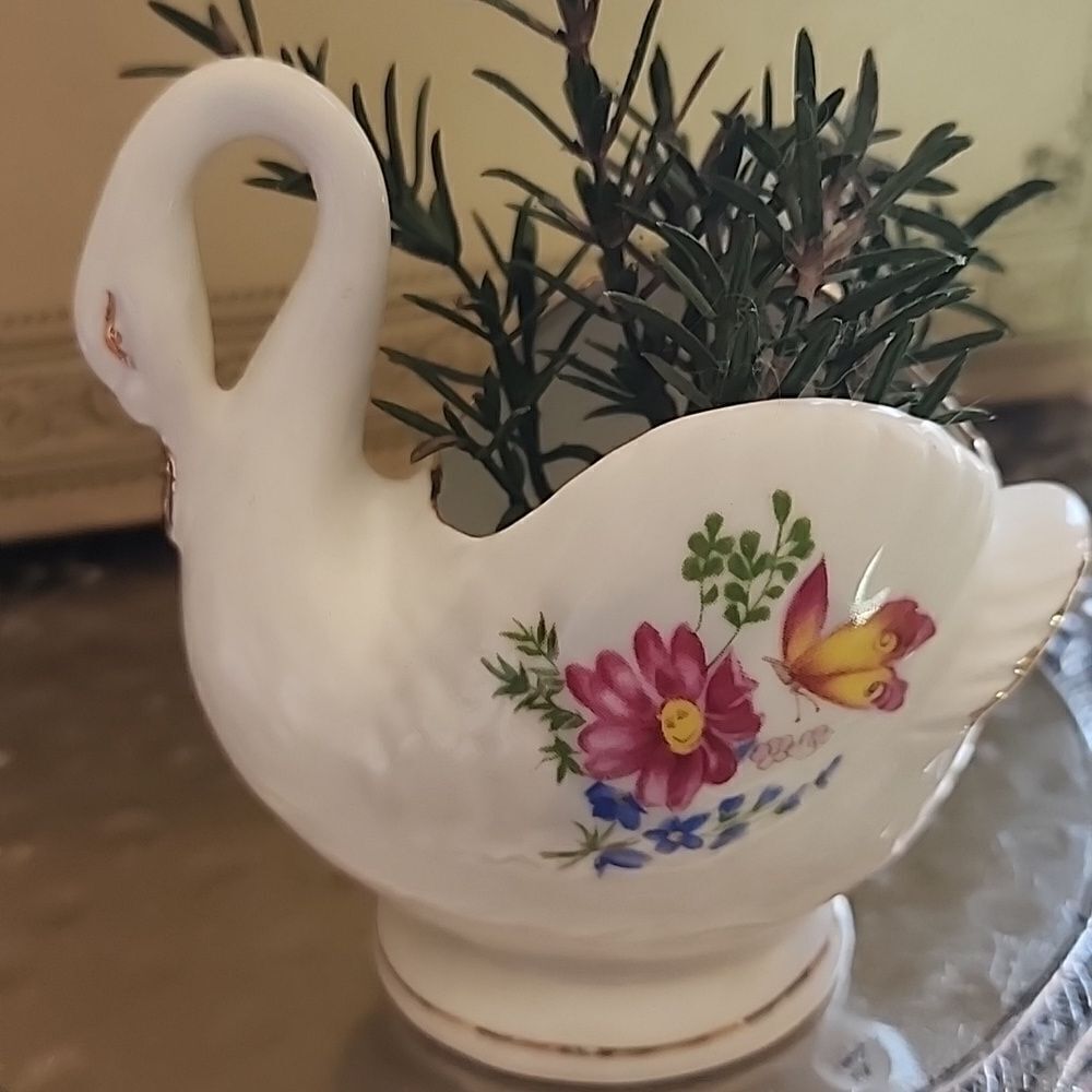 Vintage Floral Swan Figurine Trinket Dish Lefton Porcelain Coquette Bridal